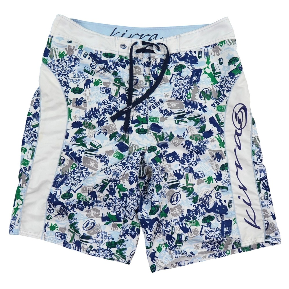 VTG Kirra Board Shorts Mens 36 White AOP All Over Print Y2K Skate Surf Coastal